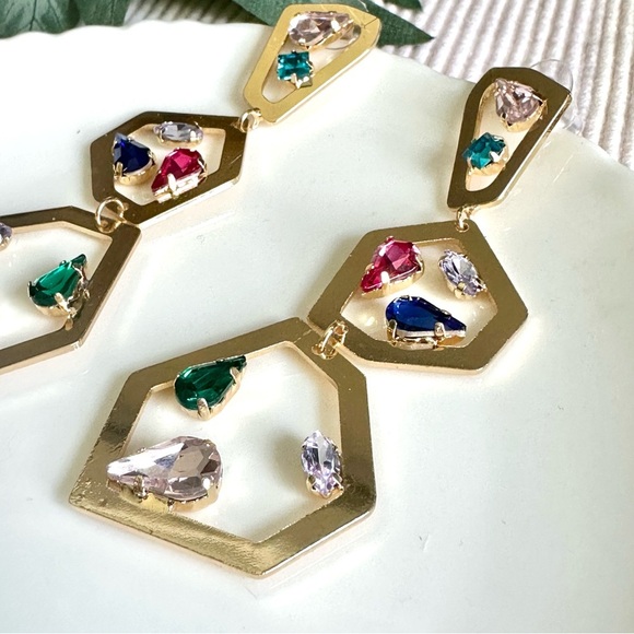 2/$30🌵 Gold Geo Multicolor Rhinestones Earrings Sparkle Large Jewelry Boho NEW - Picture 9 of 11